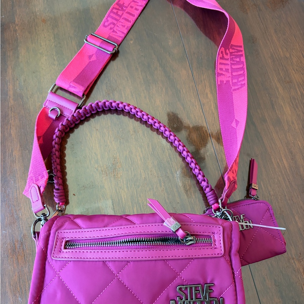 SM1, Pre-Love Steve Madden Fuchsia Quilted Crossbody Bag with Branded Strap.